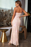Light Pink Spaghetti Straps Jacquard Prom Dress with Slit