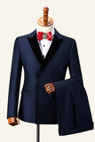 Dark Blue Peaked Lapel Double-Breasted Men's Suit Tuxedo