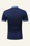 Blue Patchwork Cotton Short-sleeve Casual Polo Shirt