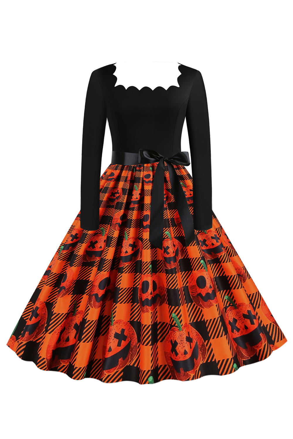 Orange Print Halloween Retro Dress with Long Sleeves