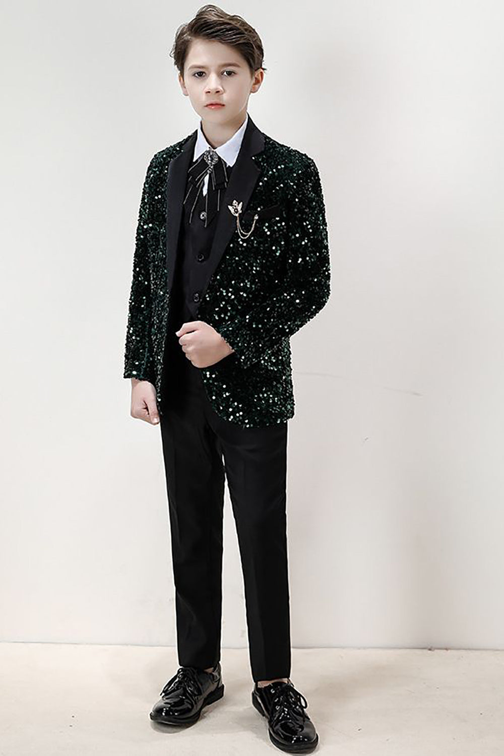 Sparkly Dark Green Sequins Boys' 3-Piece Formal Suit Set