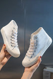 White Mid Top Lace Up Canvas Sneakers
