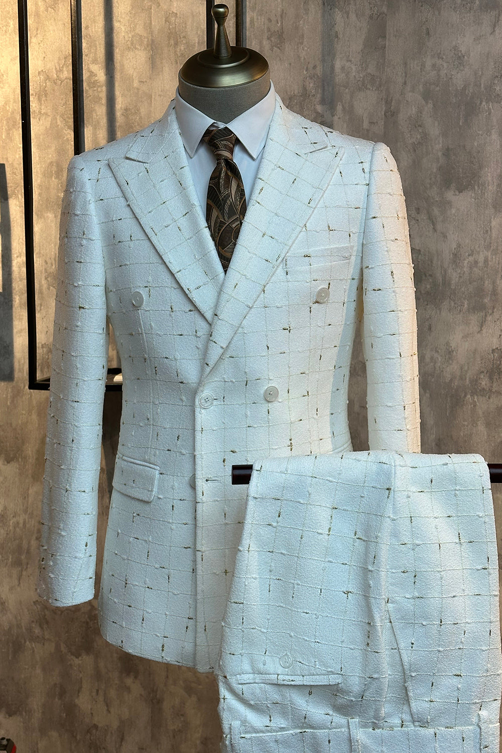 White Plaid Notched Lapel 2 Piece Men's Suits