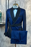 Dark Blue Jacquard 2 Piece Men Prom Suits with Belt
