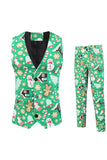 Green Notched Lapel Printed 3 Piece Christmas Men's Suits