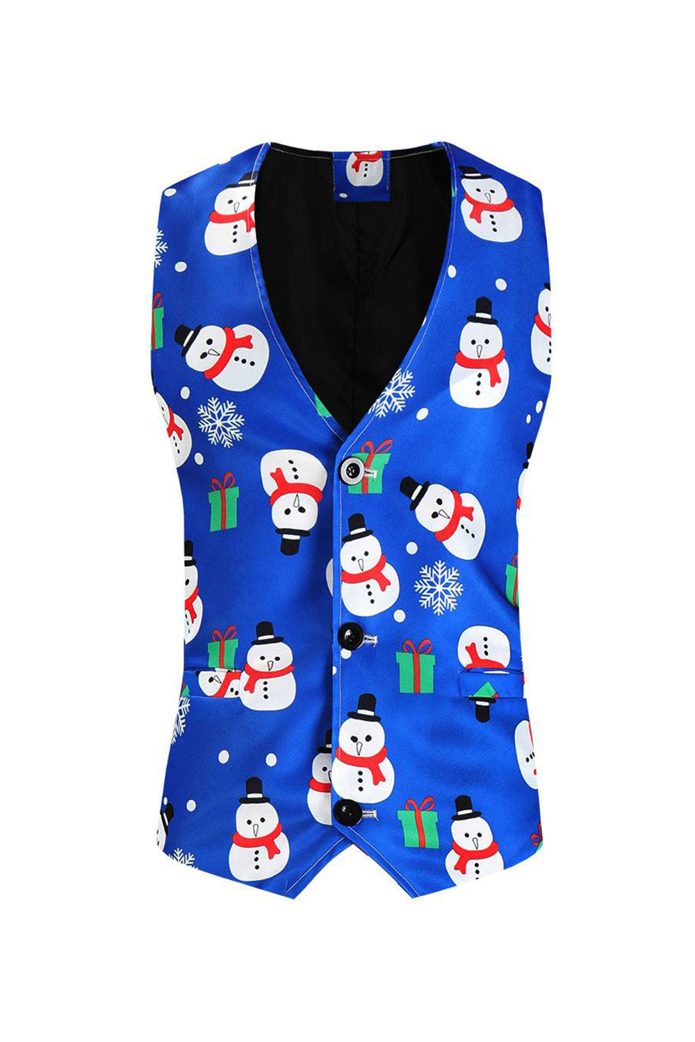Blue Snowman Printed Single Breasted Sleeveless Men's Christmas Suit Vest