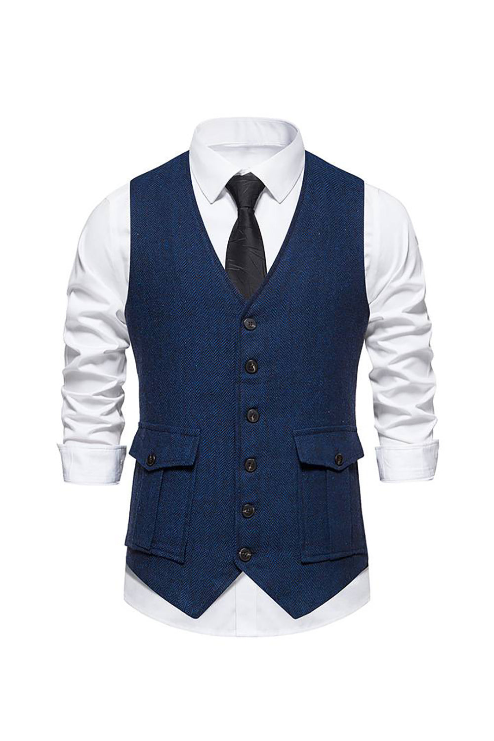Dark Blue Retro Single Breasted Three-Dimensional Pocket Men's Suit Vest