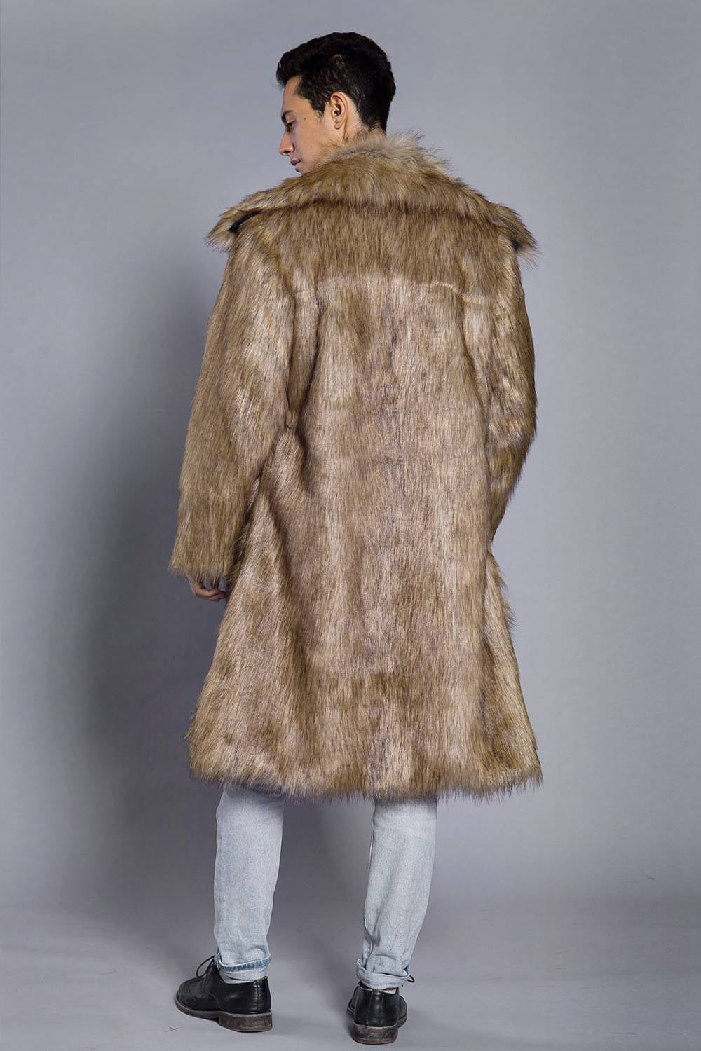Brown Open Front Faux Fur Long Men Coat
