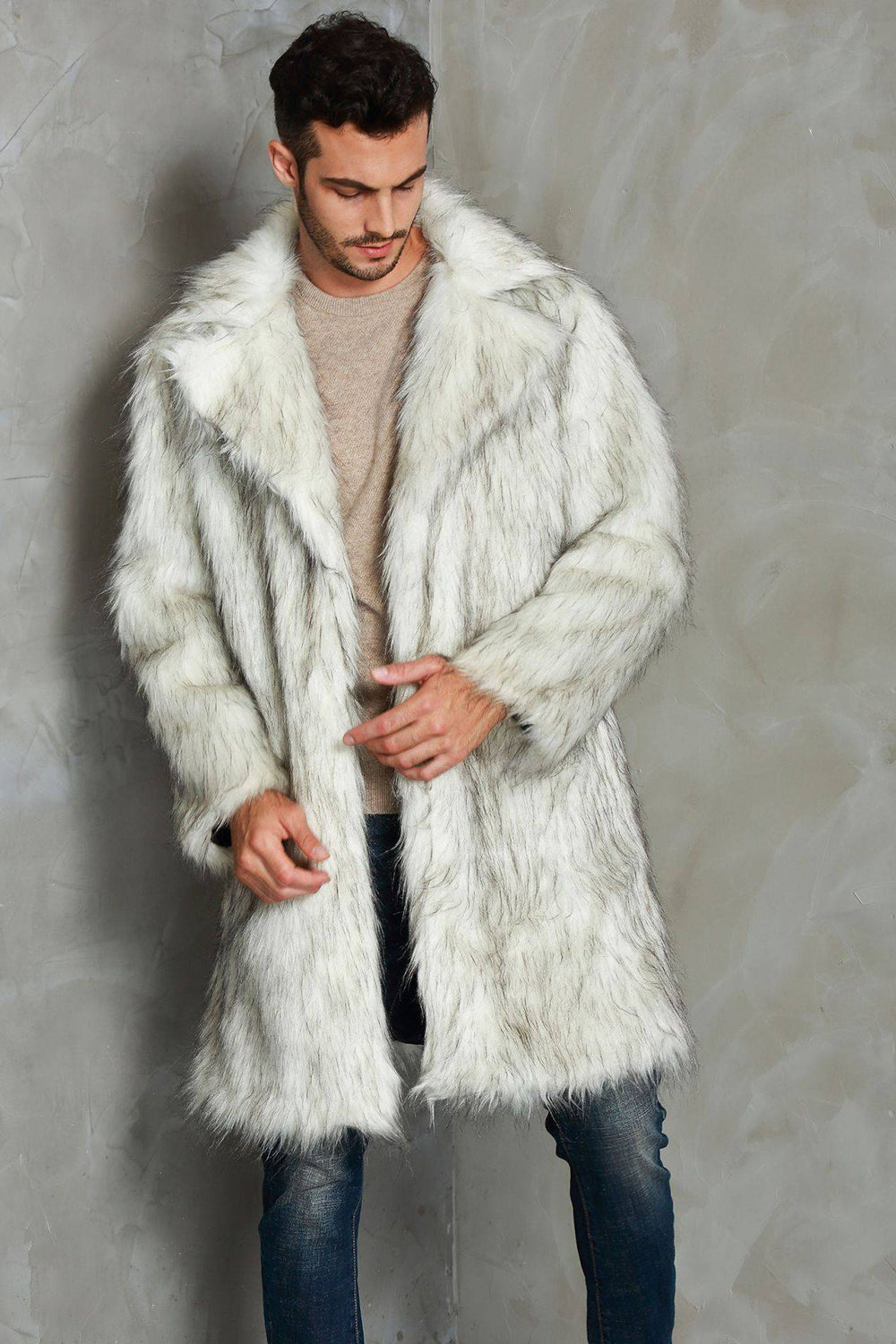 White Notched Lapel Long Faux Fur Men Coat