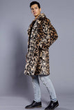 Brown Leopard Printed Lapel Neck Long Faux Fur Men Coat