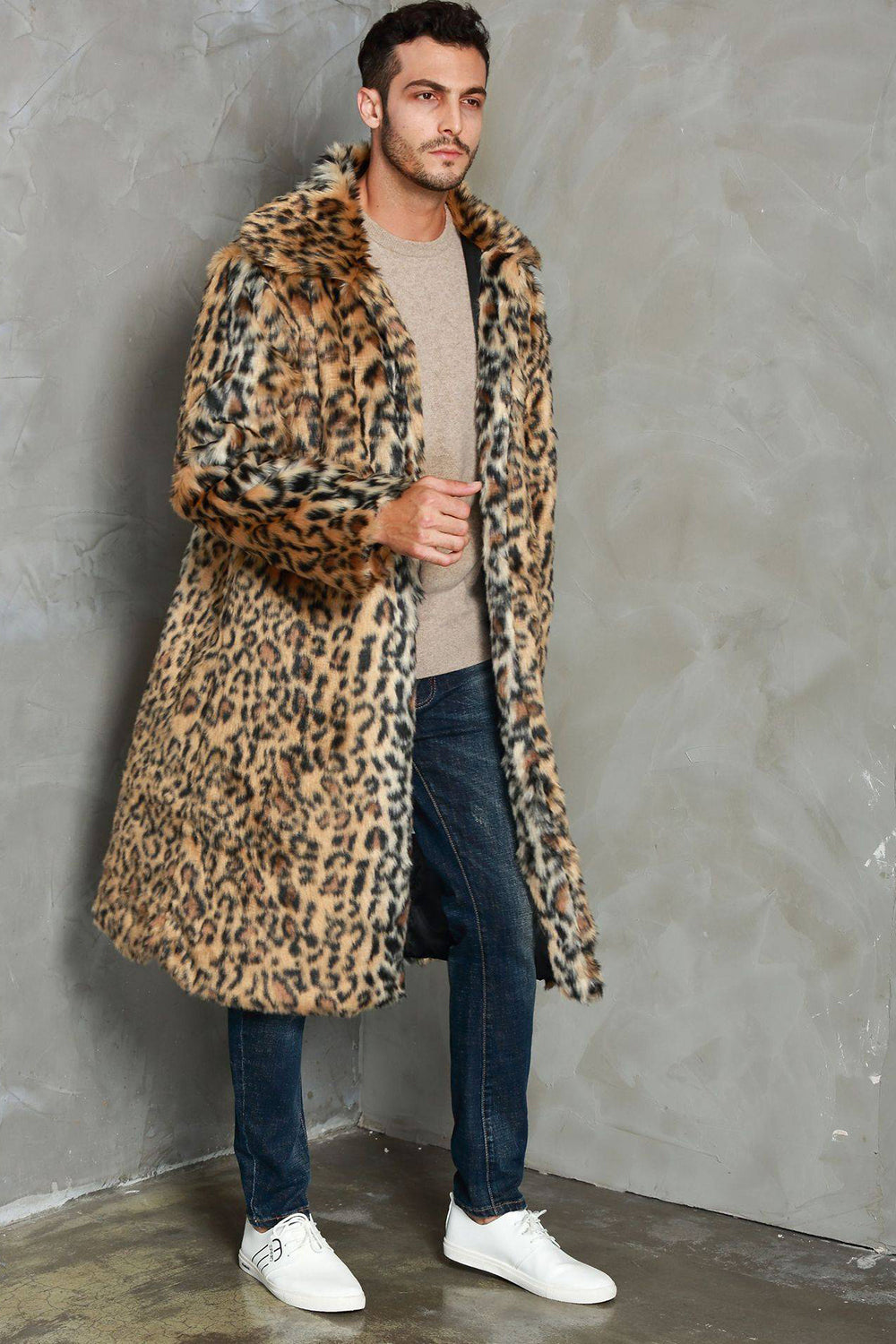Brown Leopard Printed Lapel Neck Long Faux Fur Men Coat