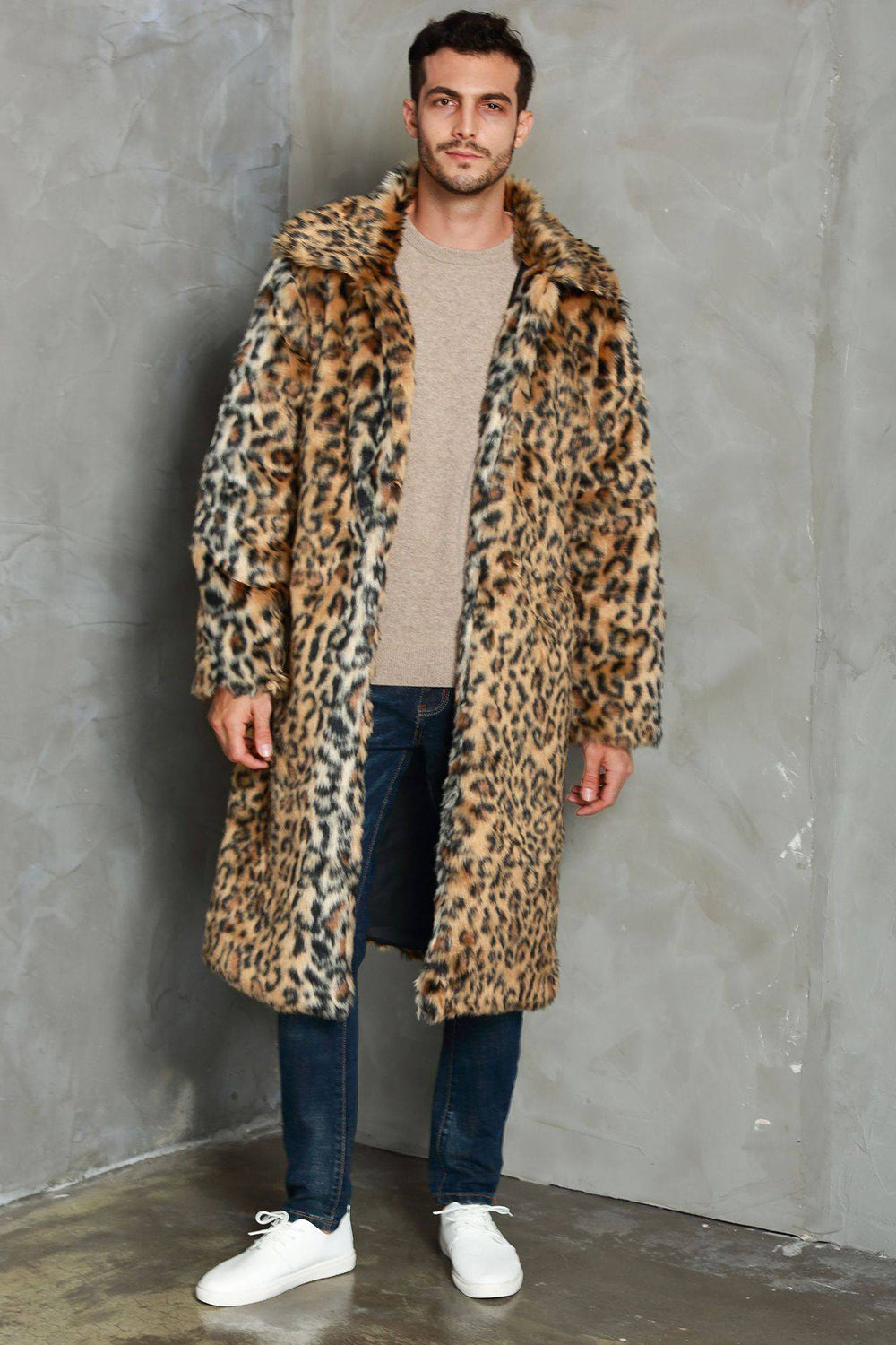 Khaki Leopard Printed Lapel Neck Long Faux Fur Men Coat