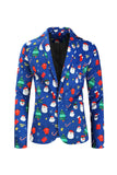 Men's Blue Christmas Printed 3-Piece One Button Party Suits