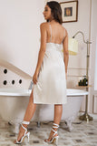 Spaghetti Straps White Holiday Party Dress with Slit
