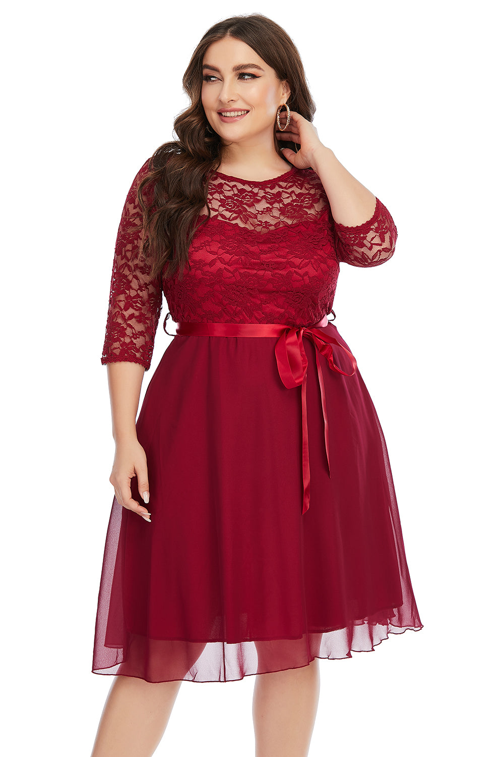 Plus Size Burgundy Lace Party Dress