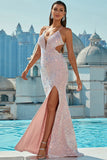 Light Pink Halter Neck Sequined Mermaid Prom Dress