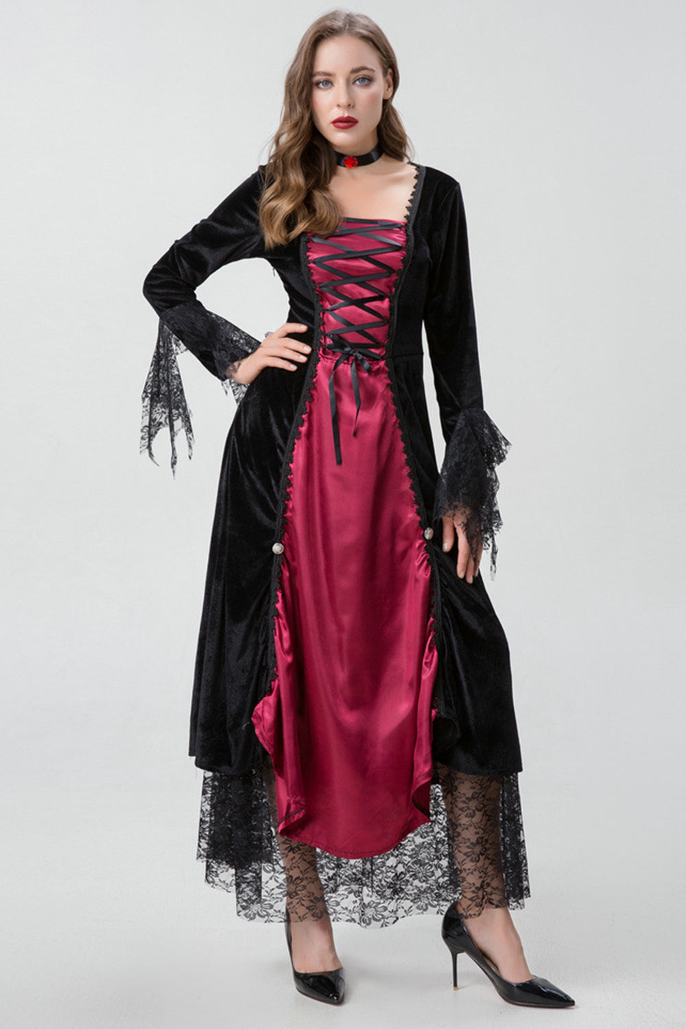 Gothic Burgundy Halloween Dress with Criss Cross Lace