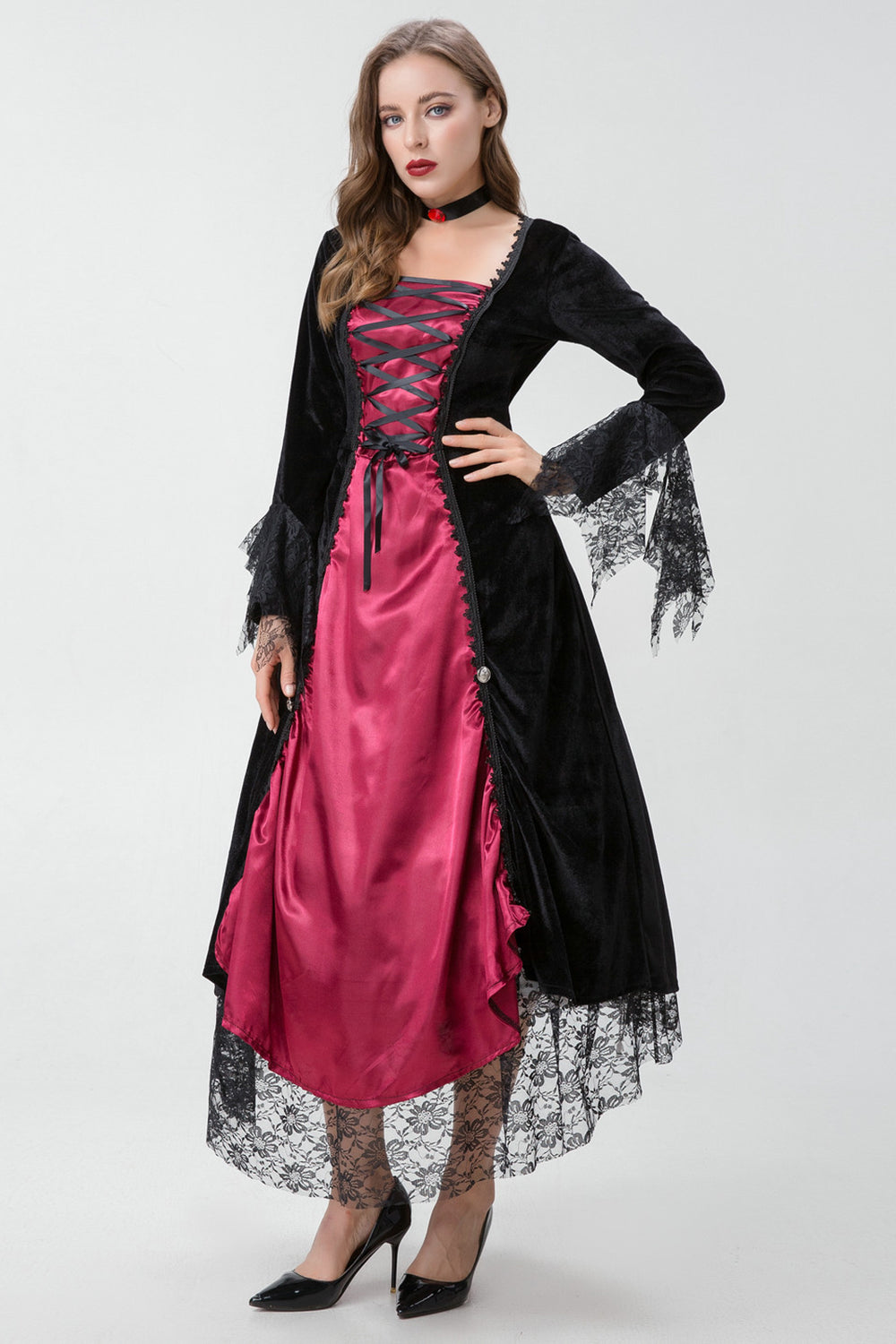 Gothic Burgundy Halloween Dress with Criss Cross Lace