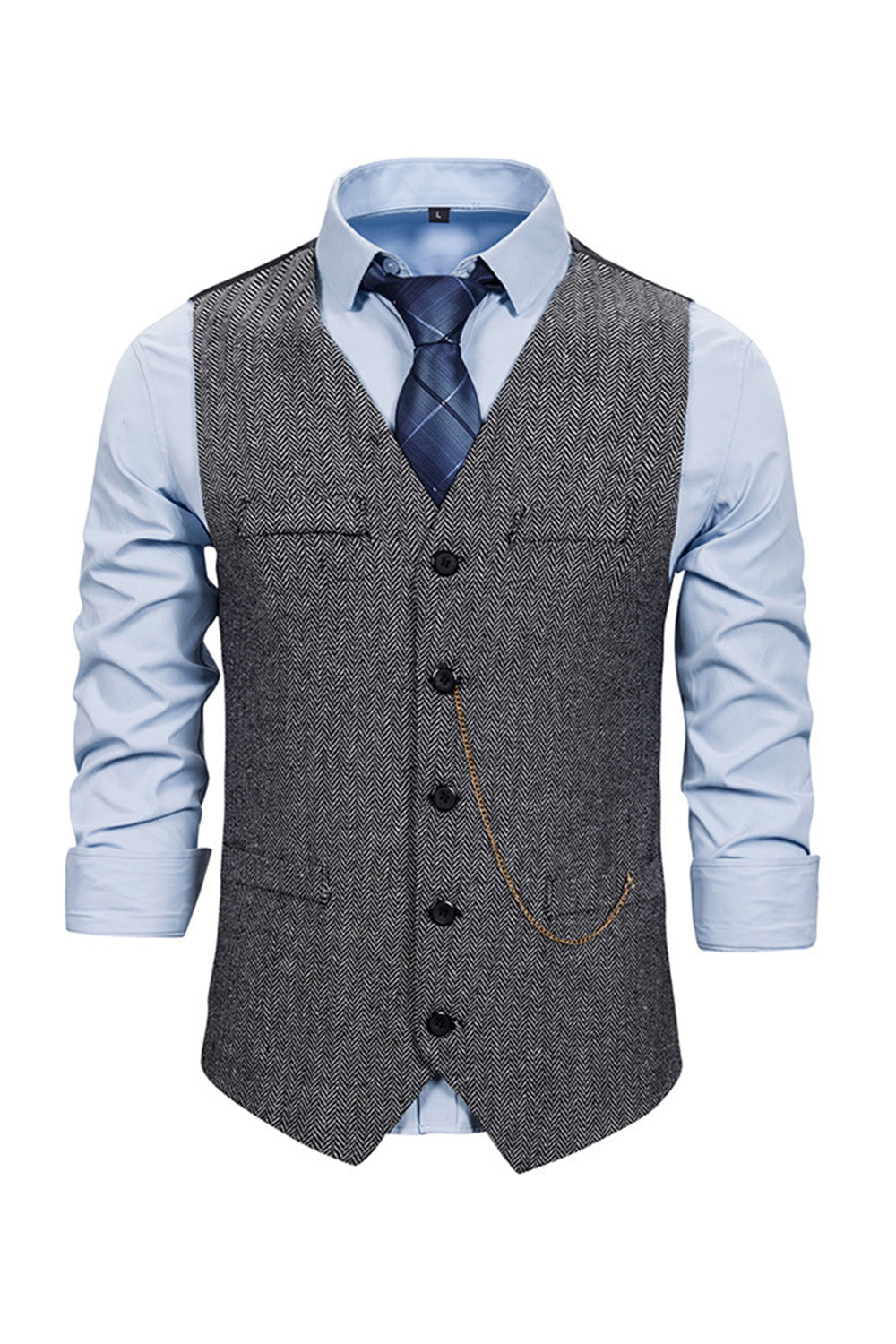 V Neck Single Breasted Men's Grey Casual Vest