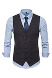 Single Breasted V-Neck Coffee Men's Plaid Vest