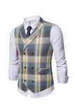 Shawl Collar Double Breasted Grey Grid Men's Suit Vest