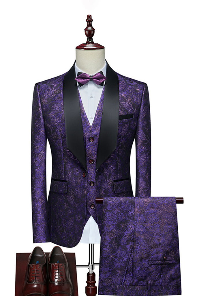 Glamorous Purple Shawl Lapel 3 Piece Jacquard Wedding Suit main image 0