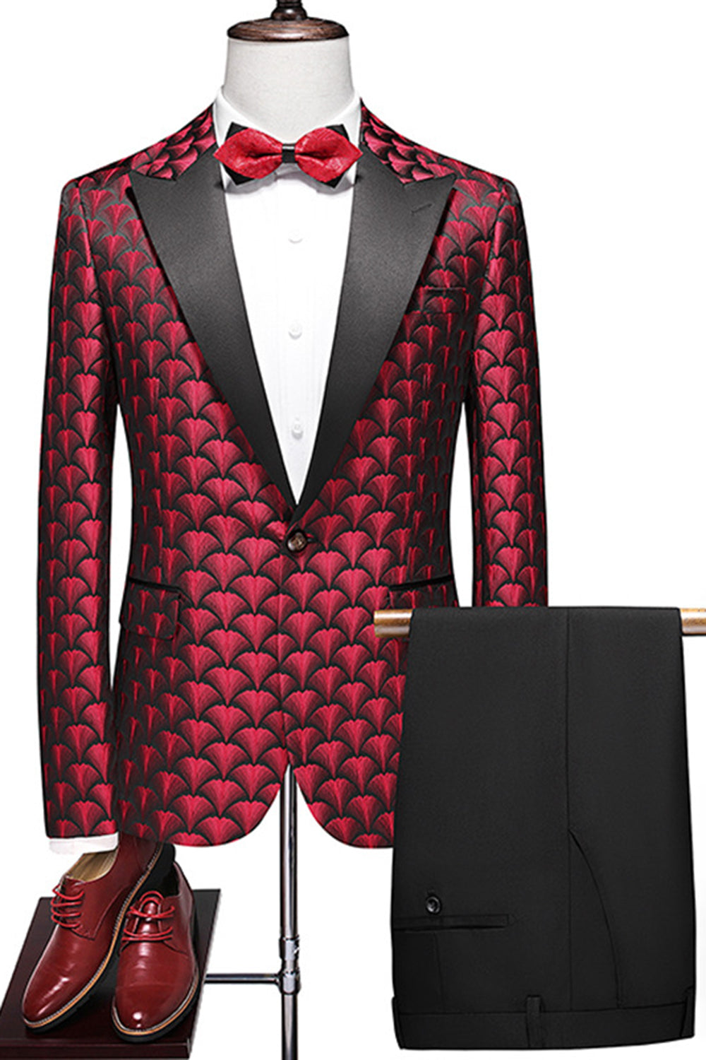 Burgundy Jacquard Notched Lapel 2 Piece Men's Suits