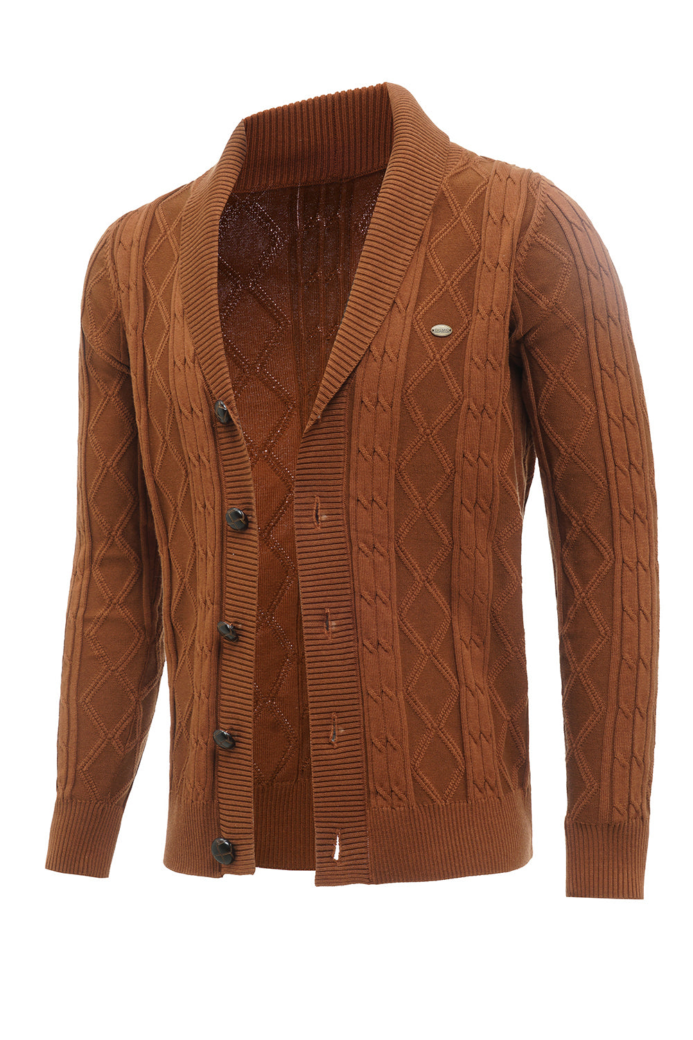 Brown Cable Knitted Long Sleeves Men's Cardigan Sweater