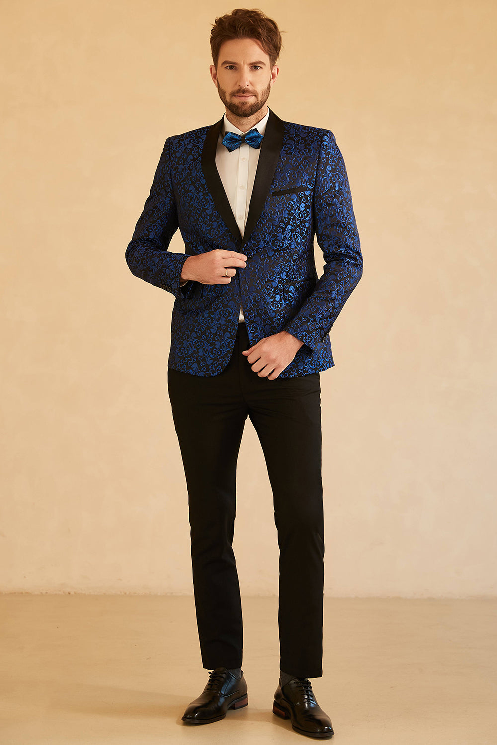 Blue Shawl Lapel Jacquard One Button Men's Prom Blazer