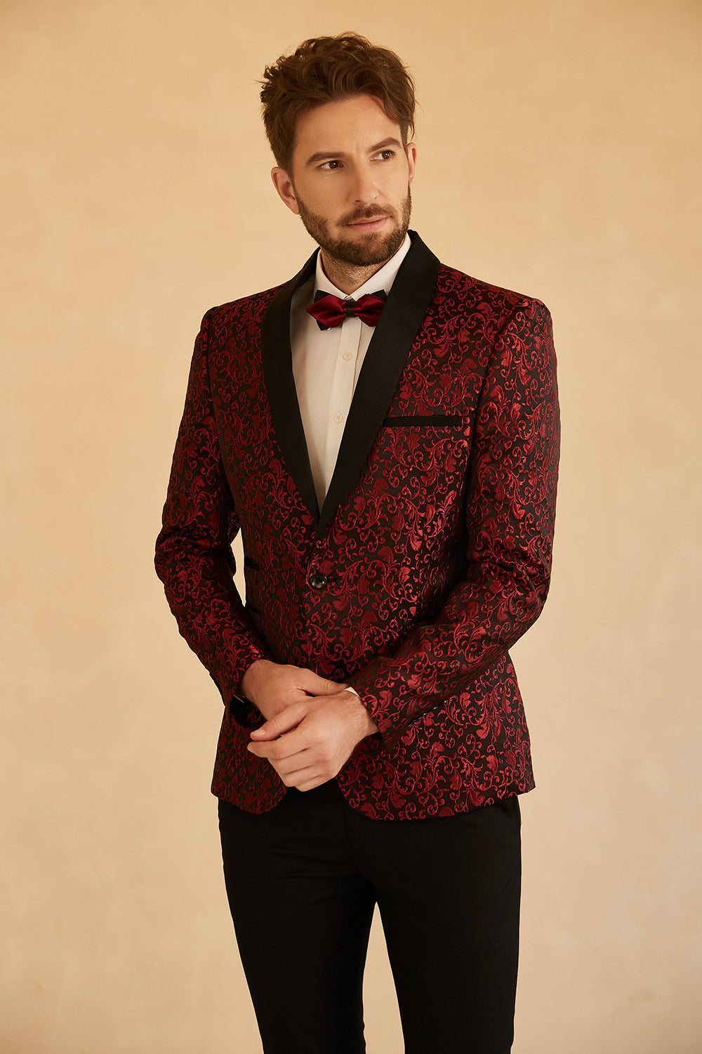 Red Shawl Lapel Jacquard One Button Men's Prom Blazer