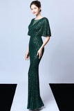 Mermaid V Neck Dark Green Sequins Long Prom Dress with Short Sleeves