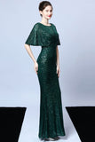 Mermaid V Neck Dark Green Sequins Long Prom Dress with Short Sleeves