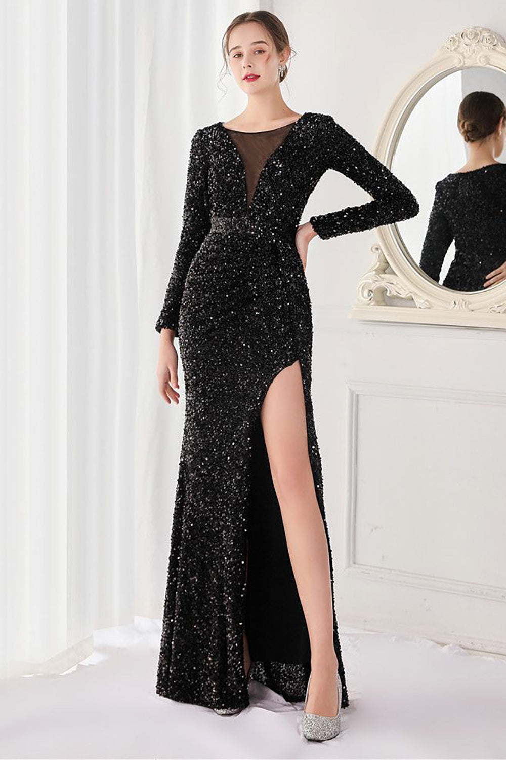 Burgundy Sequined Long Sleeves Evening Dress with Slit