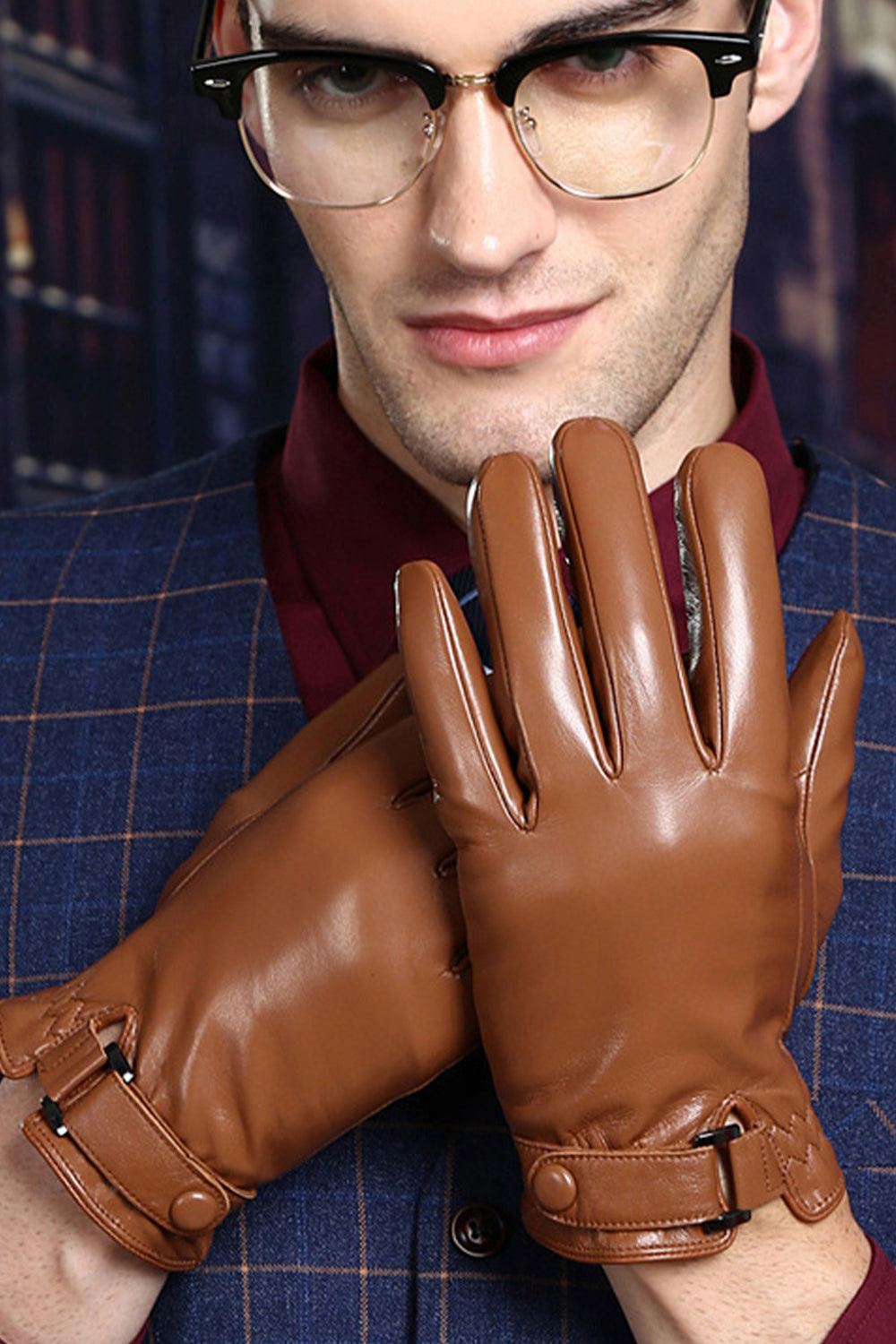 Black Leather Buckled Winter Gloves For Men