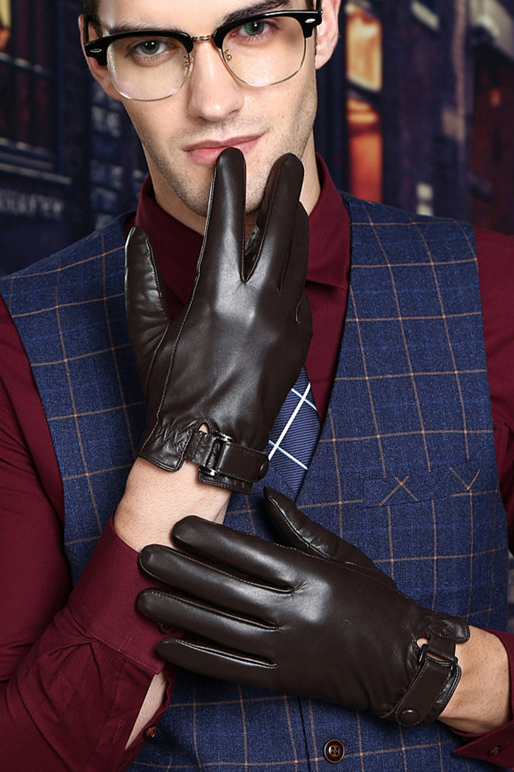 Black Leather Buckled Winter Gloves For Men