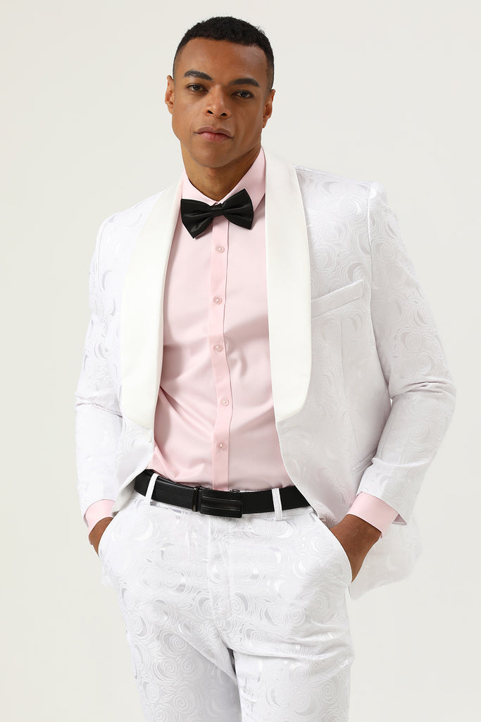 Zapaka White Jacquard Shawl Lapel One Button 2 Piece Men's Prom Suits ...