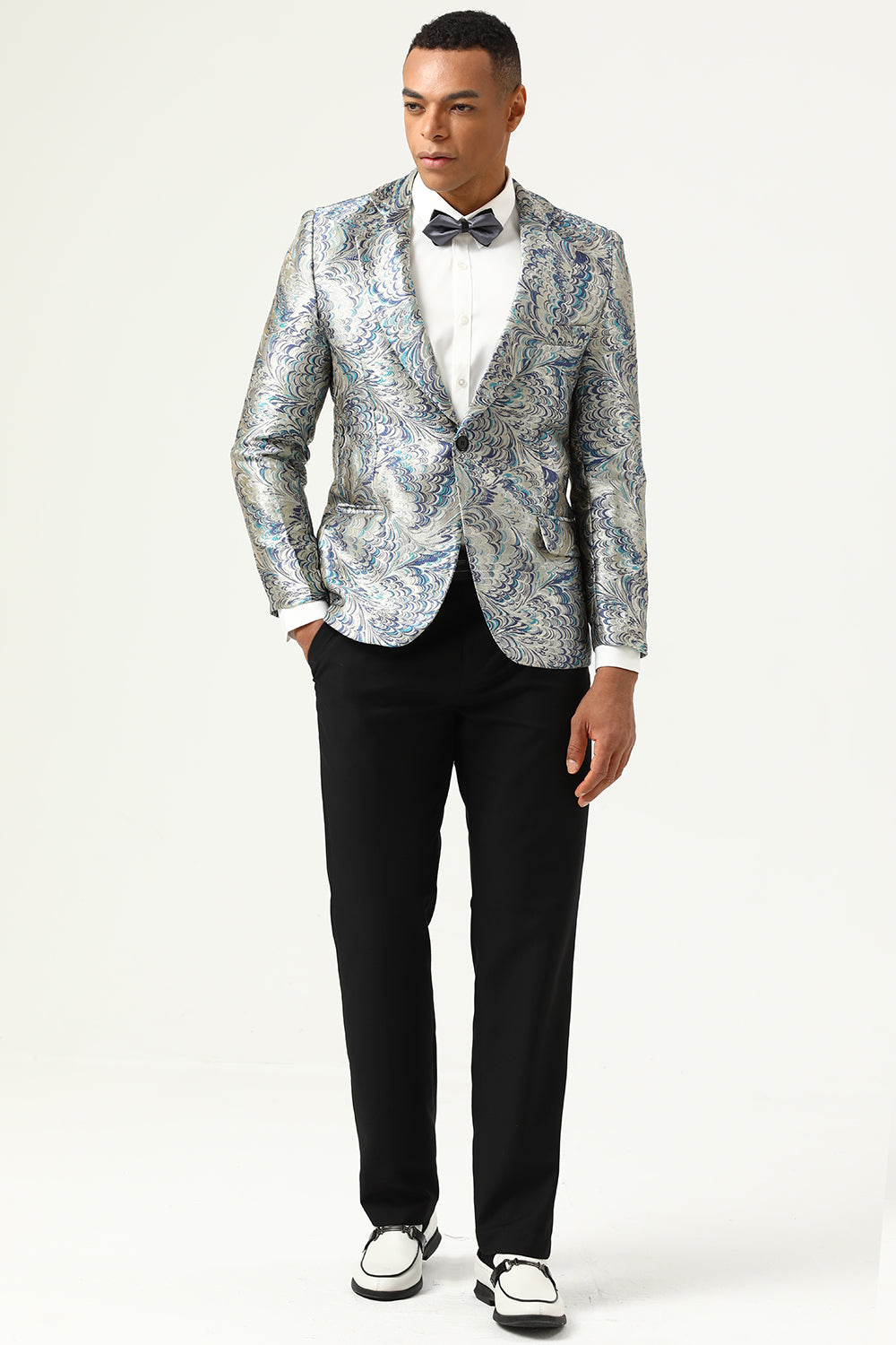 Silver and Blue Jacquard Notched Lapel Men's Prom Blazer