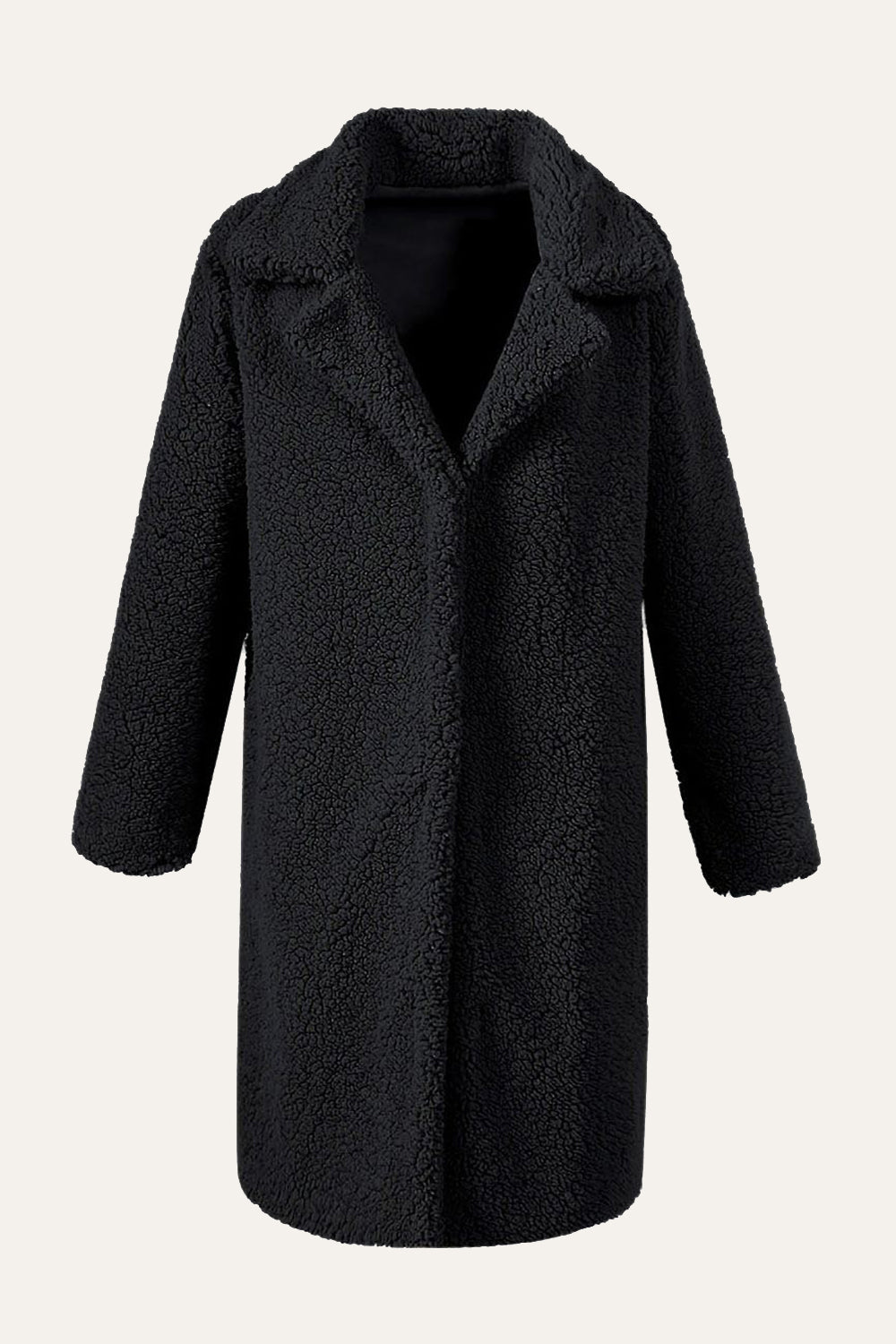 Black Notched Lapel Long Faux Fur Shearling Coat