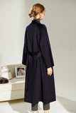 Black Wool Double Breasted Lapel Neck Long Coat with Belt