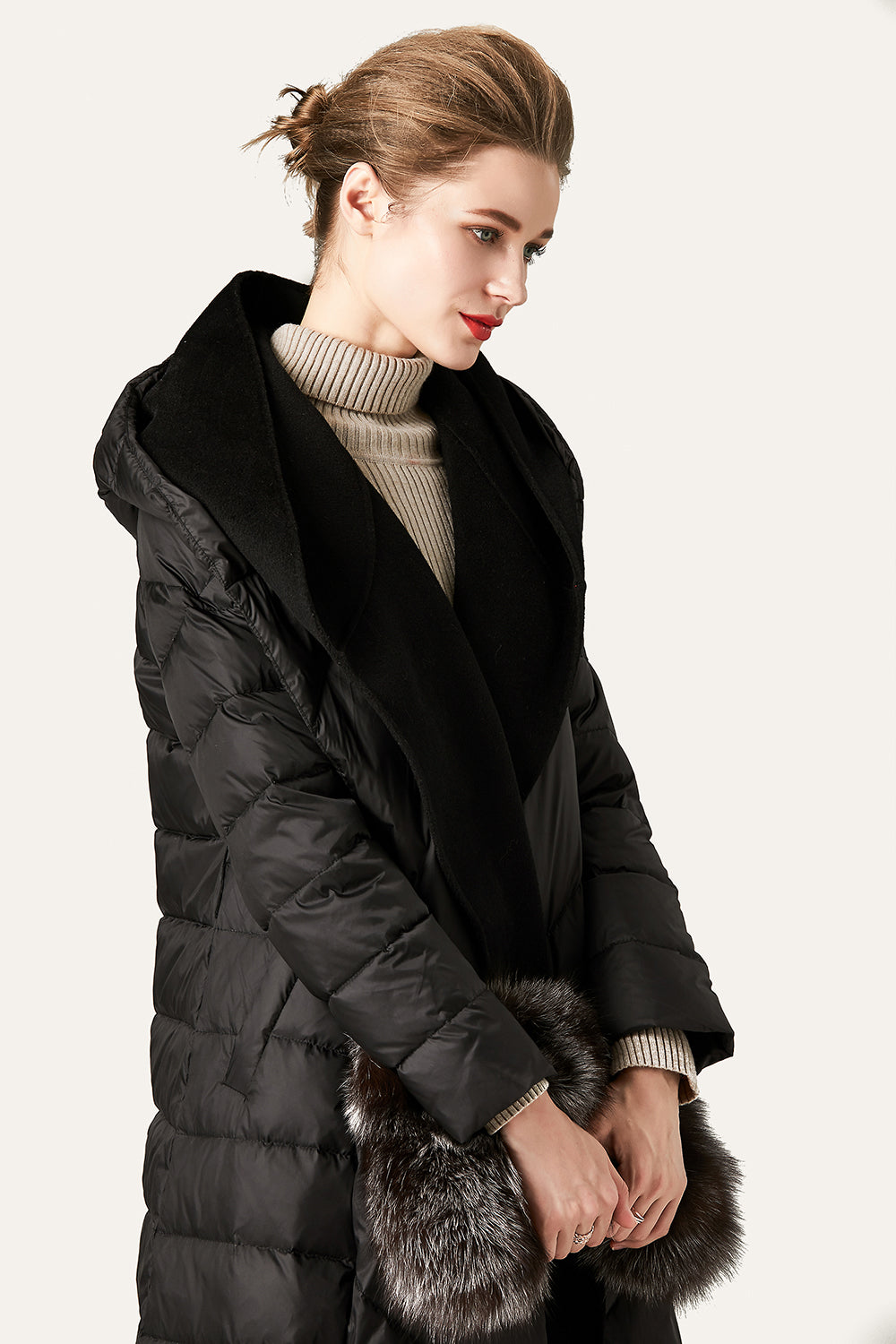 Black Button Quilted Puffer Jacket with Faux Fur Hood