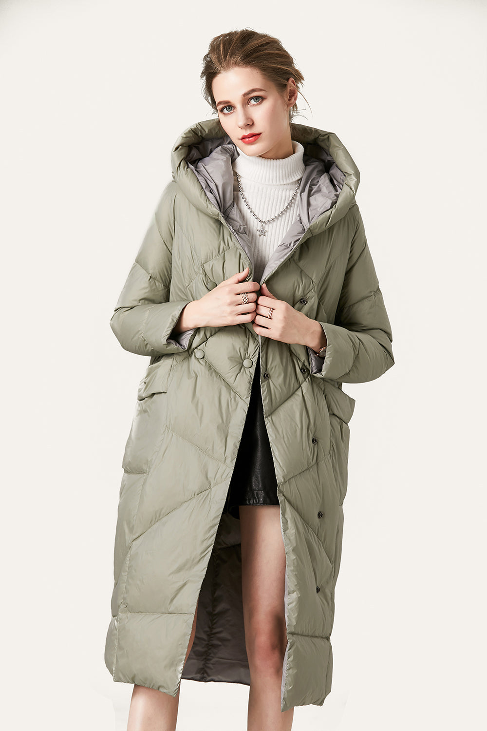 Grey Green Button Quilted Hooded Long Puff Jacket