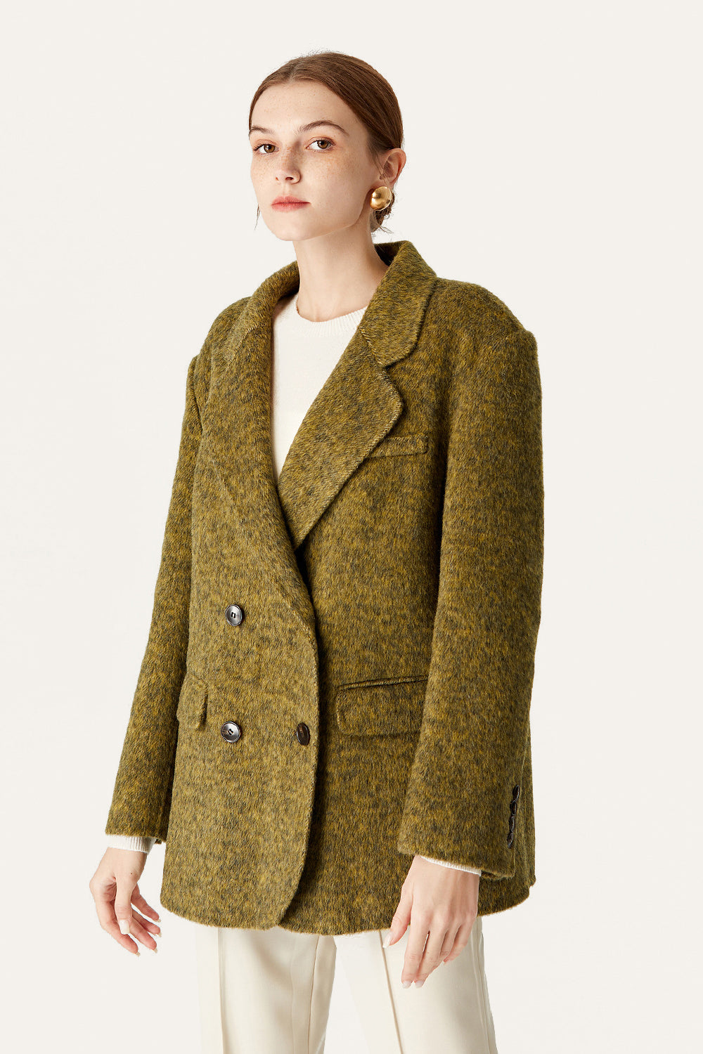 Green Double Breasted Wool Lapel Neck Cropped Coat