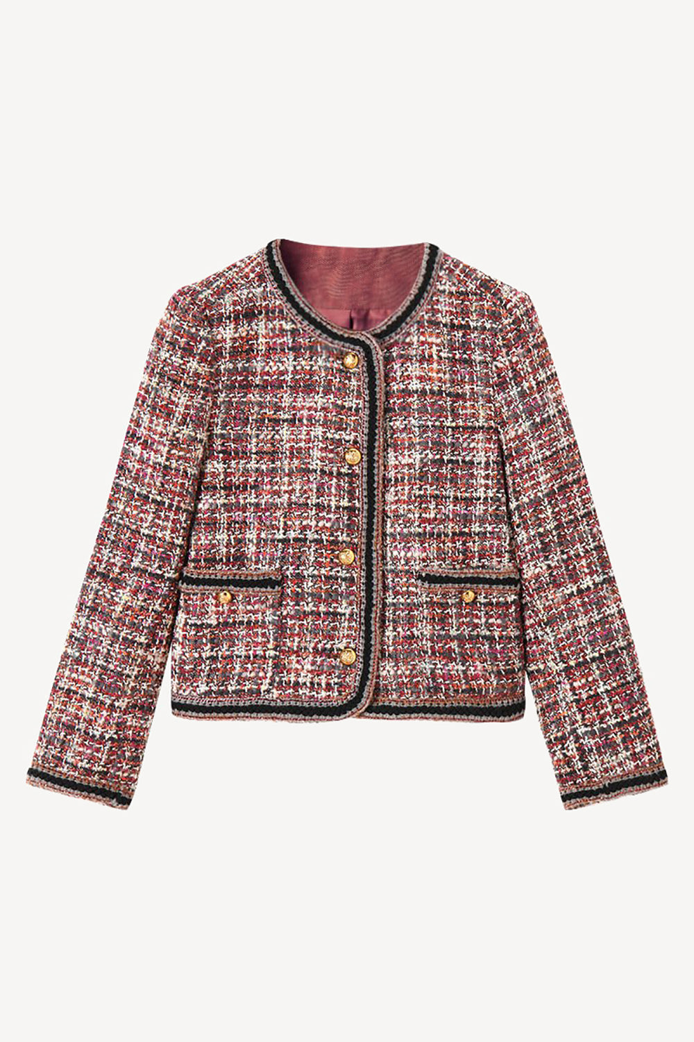 Red Tweed Plaid Cropped Open Front Women Jacket