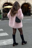 Pink Open Front Shearling Faux Fur Long Shaggy Coat