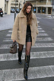 Khaki Lapel Open Front Faux Fur Women Coat