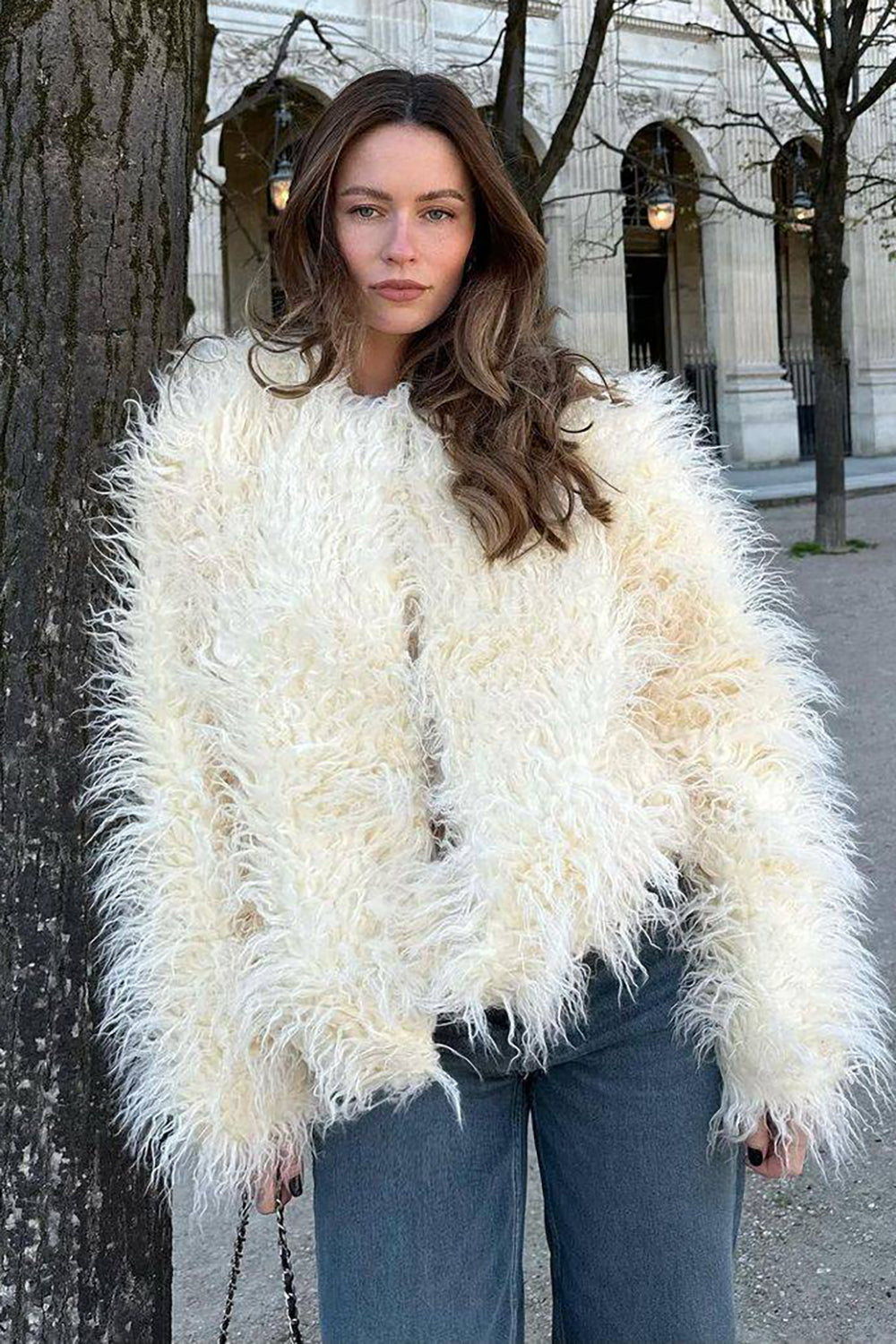 Zapaka White Open Front Shearling Faux Fur Coat Cropped Shaggy