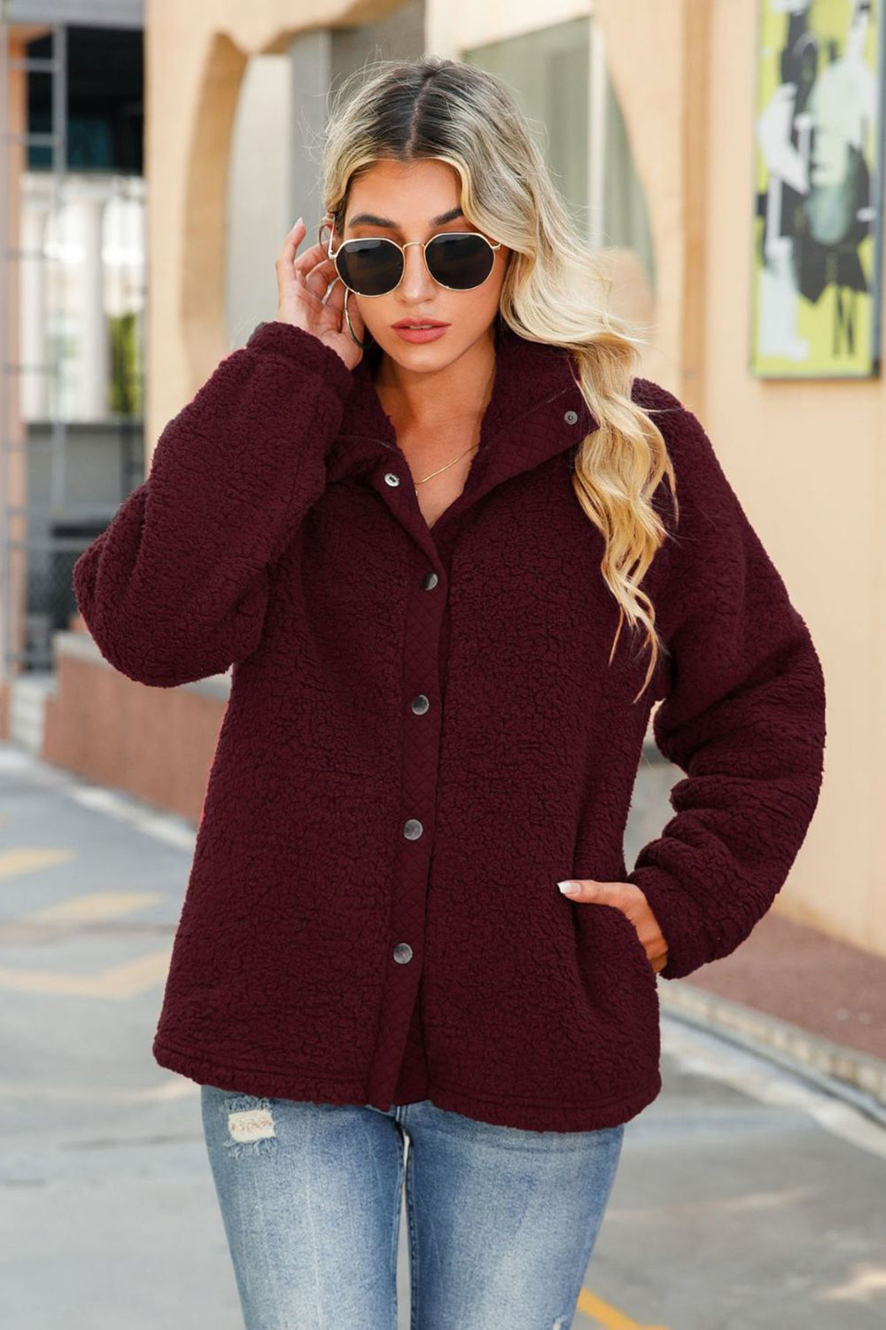 Burgundy Fleece Button Down Coat With Pockets