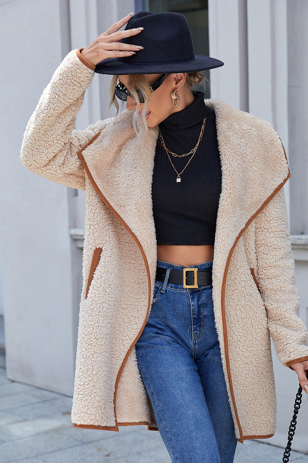 Apricot Fuzzy Open Front Large Lapel Solid Coat Cardigan