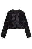 Sparkly Black Sequins Cropped Women Blazer with Bowknot
