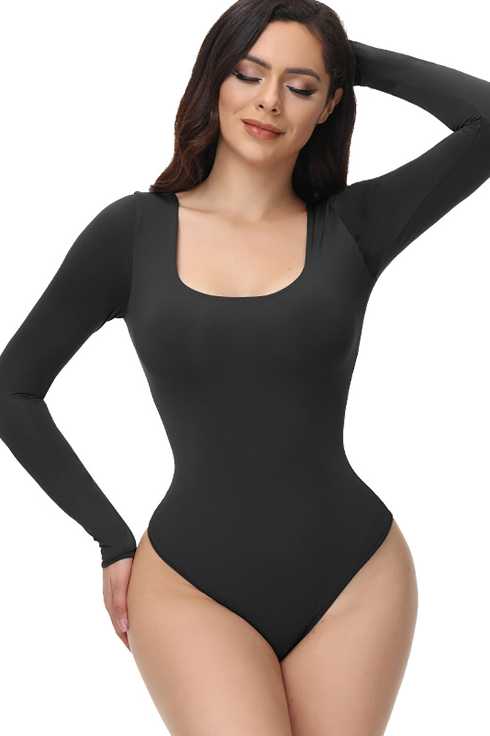 Zapaka Women Black Long Sleeves Scoop Neck Tummy Control Shapewear – ZAPAKA